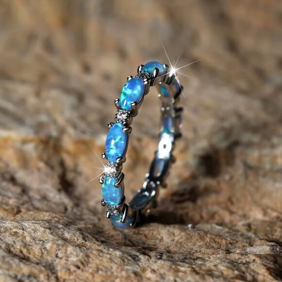 NEW 14k White Gold Blue Opal Ring Band - Picture 3 of 4